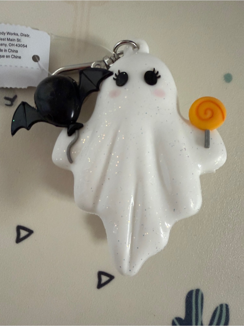 Bath & Body Works White Ghost Keychain with Black Bat and Orange Lollipop